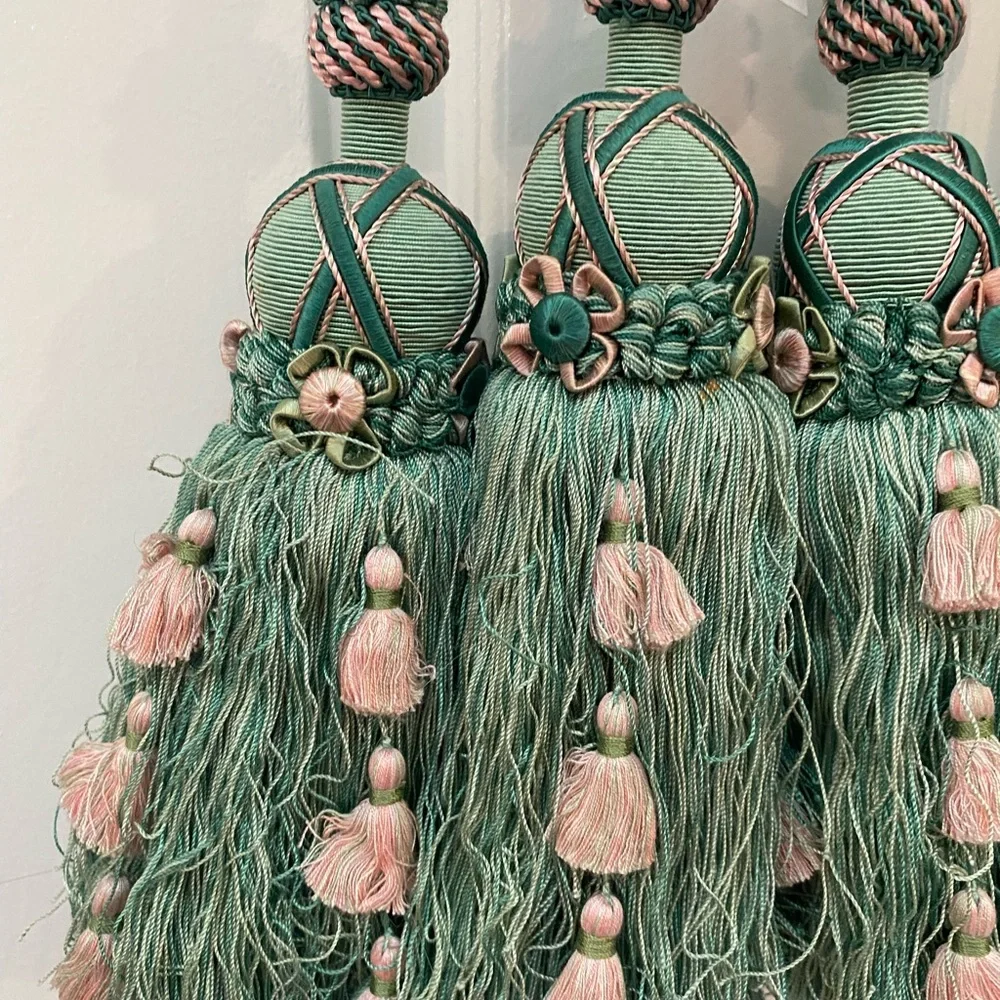 Houles Paris Gorgeous & Elegant Green & Pink Tassel Curtain Tiebacks NWT